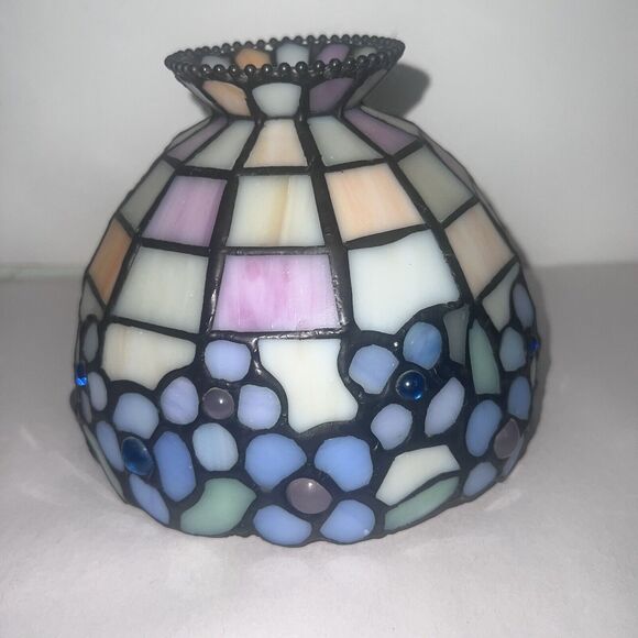 VTG Small Tiffany Style Stained Mosaic Glass Leaded Lamp Shade Slag Jeweled 6” - Picture 3 of 9